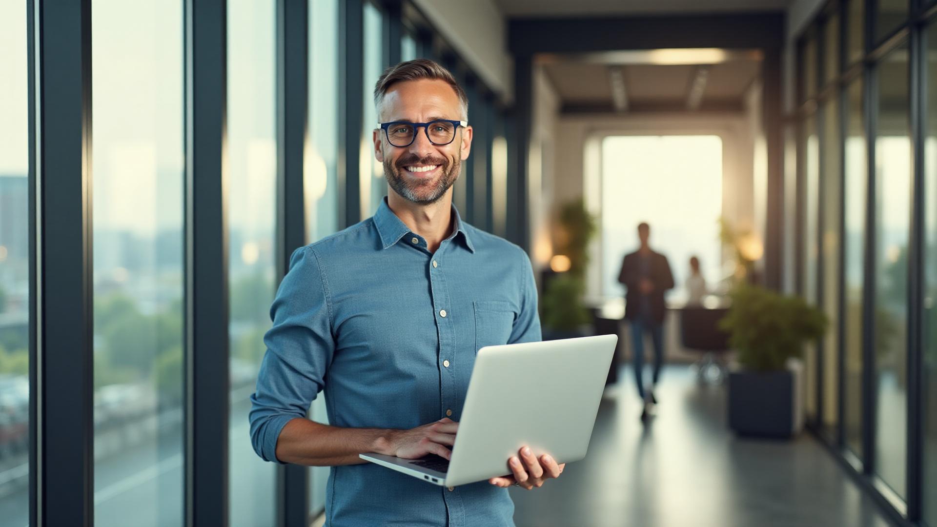 Erfolgreicher Versicherungsmakler blickt auf eine Stadt